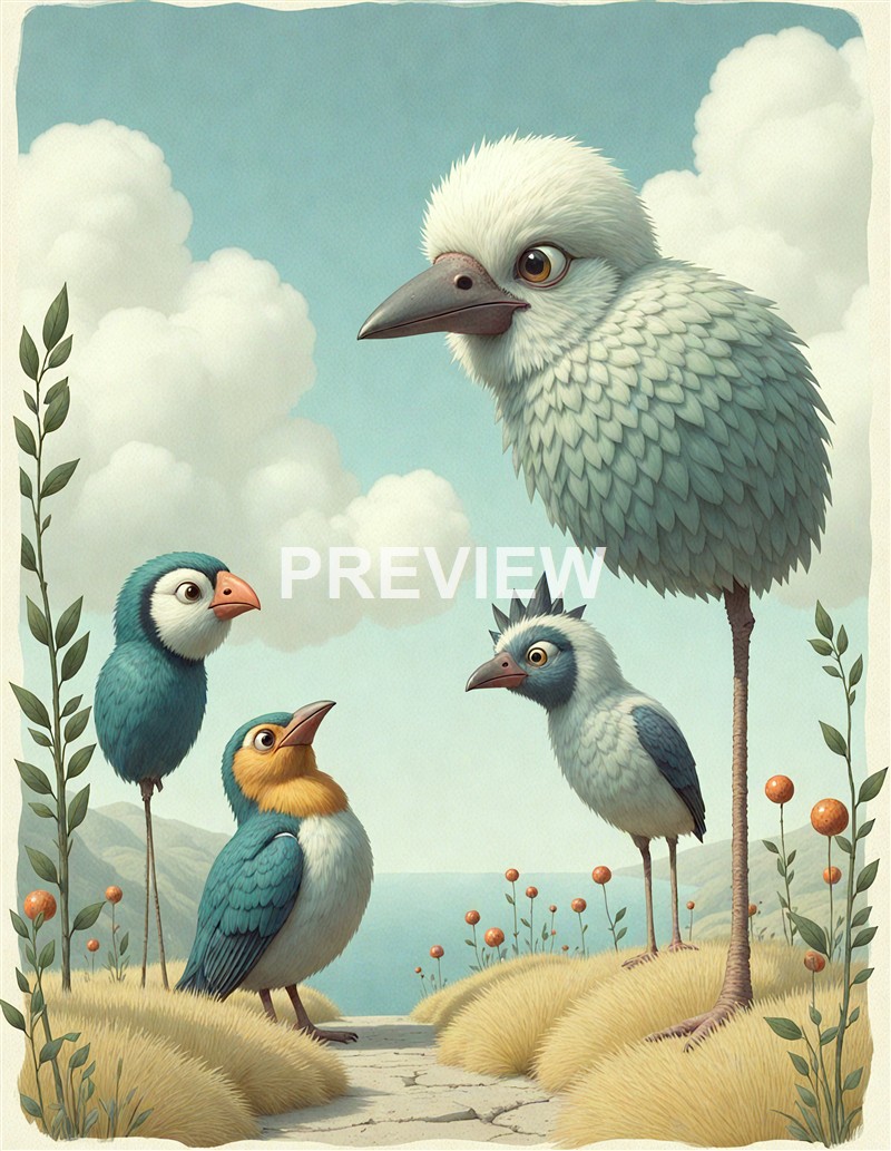 A group of five cartoon-style birds of different sizes and colors, standing on a grassy path with tall plants and a cloudy sky in the background.